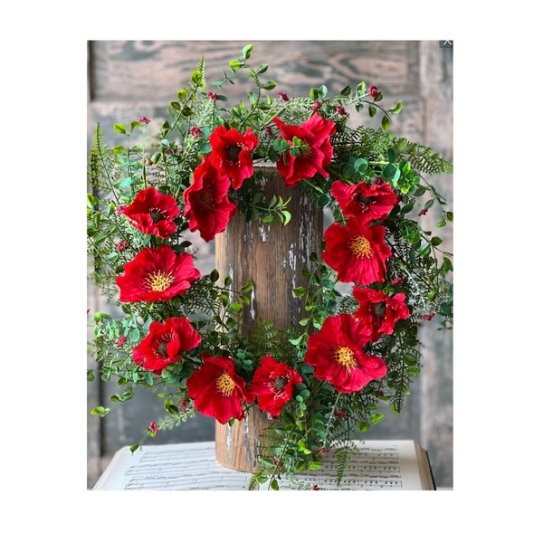 Radiant Red Poppy 24" Wreath - Vibrant Floral Decor for Front Door, Wall, Mantel - Scarlet Flowers, Greenery, Fern, Eucalyptus, Berry Sprigs