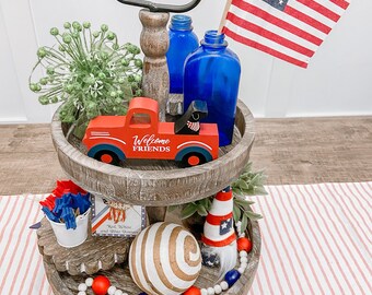 Tiered Tray, tiered tray decor, coffee bar decor, farmhouse home decor, American flag decor, summer decor, 4th of July decor, home decor