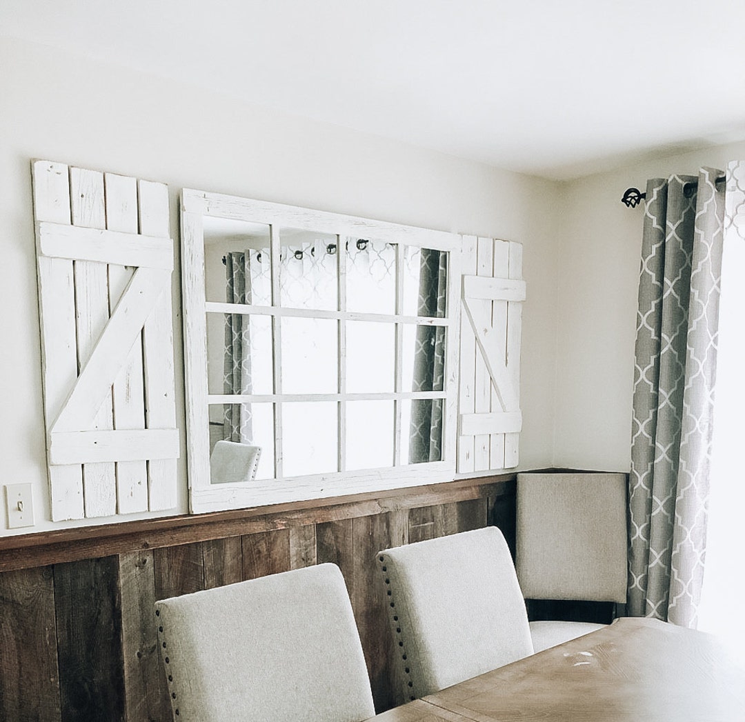 Farmhouse Wall Decor Window Mirror With Shutters, Rustic Window Mirror