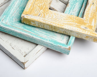 3) 5x7 Stacked Rustic Barnwood White, Yellow, Turquoise Stacked Distressed Rustic Picture Frame-Aqua Blue-Farmhouse Distressed Frame-rustic