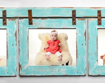 Barnwood Collage Turquoise Frame 3) 4x6 Multi Opening Frame-Rustic Picture Frame-Reclaimed-Landscape or Portrait-Collage Frame-Collage Frame