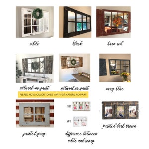 Peut inclure: Un collage de neuf images montrant diff&eacute;rentes couleurs de peinture pour un miroir &agrave; carreaux. Les couleurs incluent le blanc, le noir, le rouge brique, le naturel non peint, le bleu marine, le gris peint, l'ivoire et le brun fonc&eacute; peint. Le texte "PLEASE NOTE: COLOR TONES VARY FOR NATURAL NO PAINT" est inclus dans l'image.