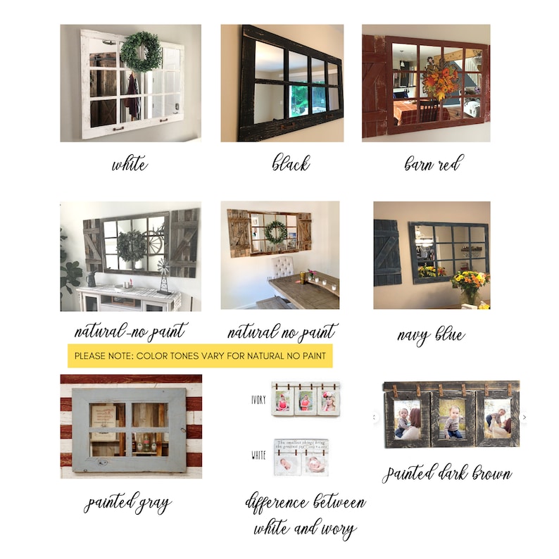 Peut inclure: Un collage de neuf images montrant diff&eacute;rentes couleurs de peinture pour un miroir &agrave; carreaux. Les couleurs incluent le blanc, le noir, le rouge brique, le naturel non peint, le bleu marine, le gris peint, l'ivoire et le brun fonc&eacute; peint. Le texte "PLEASE NOTE: COLOR TONES VARY FOR NATURAL NO PAINT" est inclus dans l'image.