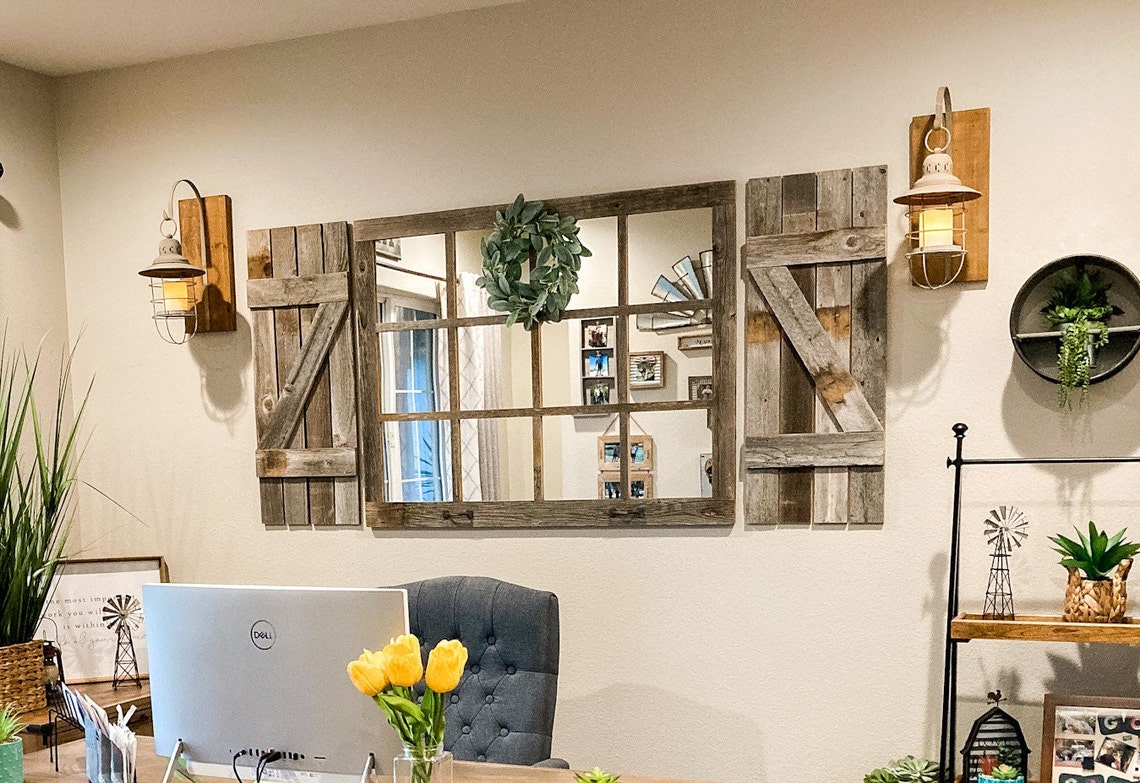 Farmhouse Wall Decor Window Mirror With Shutters Rustic Etsy