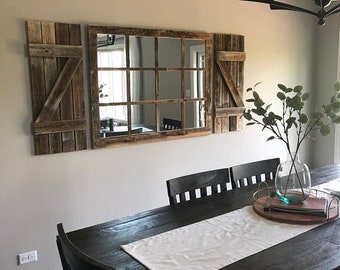 Farmhouse Wall Decor Window Mirror with Shutters, Rustic Window Mirror, Rustic Mirror, Large Window Mirror, Window Pane Mirror, Wall Mirror