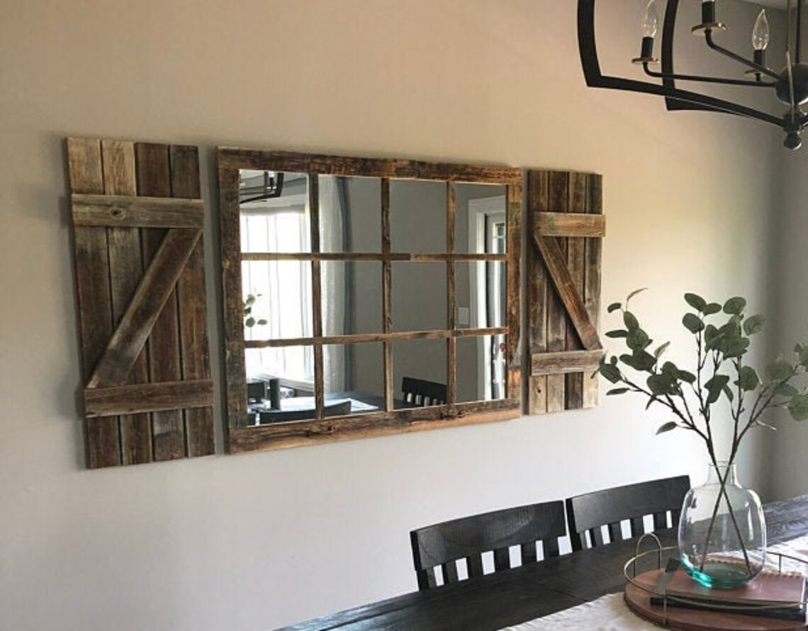 Farmhouse Wall Decor Window Mirror With Shutters Rustic Etsy