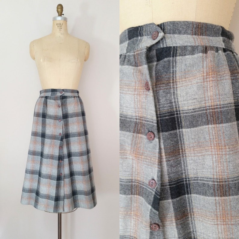 1960s Grey Plaid Wool Skirt // Vintage 60s A-Line Skirt // Small Medium image 1