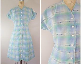 Vintage 1950s Dress / Pastel Plaid Cotton Dress / Medium Large