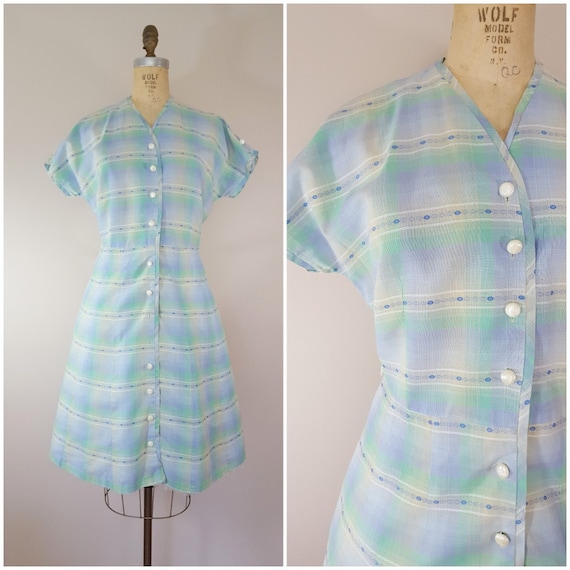 Vintage 1950s Dress / Pastel Plaid Cotton Dress /