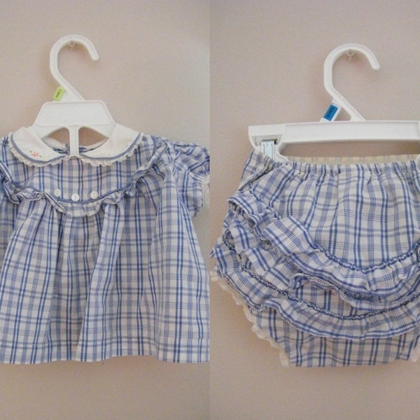 Vintage 1950s 2 Piece Baby Outfit / Diaper Cover and Shirt / Blue and White Plaid