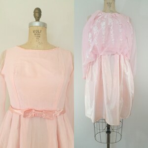 May include: A pink dress with long sleeves and a bow at the waist. The dress has a sheer overlay with white embroidery.