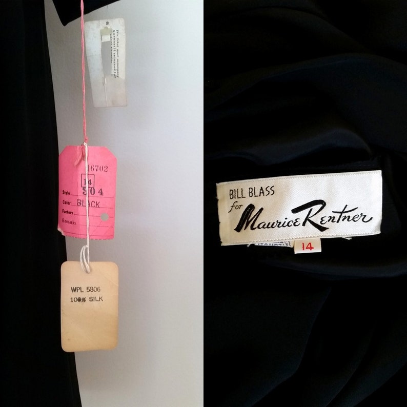K&ouml;nnte beinhalten: Schwarzes Seidenkleid mit einem wei&szlig;en Etikett mit der Aufschrift "BILL BLASS for Maurice Rentner" und einem Gr&ouml;&szlig;enetikett mit der Nummer 14. Das Kleid hat au&szlig;erdem ein wei&szlig;es Etikett mit der Aufschrift "WPL 5806 100% SILK" und ein rosa Etikett mit der Aufschrift "6702 304 BLACK".