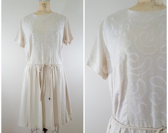 Vintage 1950s Dress / Beige Swirly Pattern / Linen Dress / XL / Plus Size Vintage