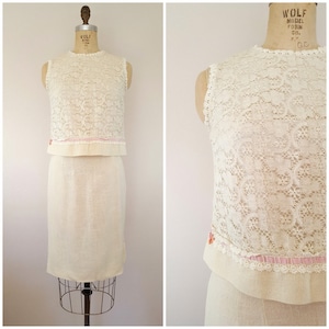 Vintage 1960s Ivory Lace Blouse and Skirt Set / Linen Skirt / Small Medium
