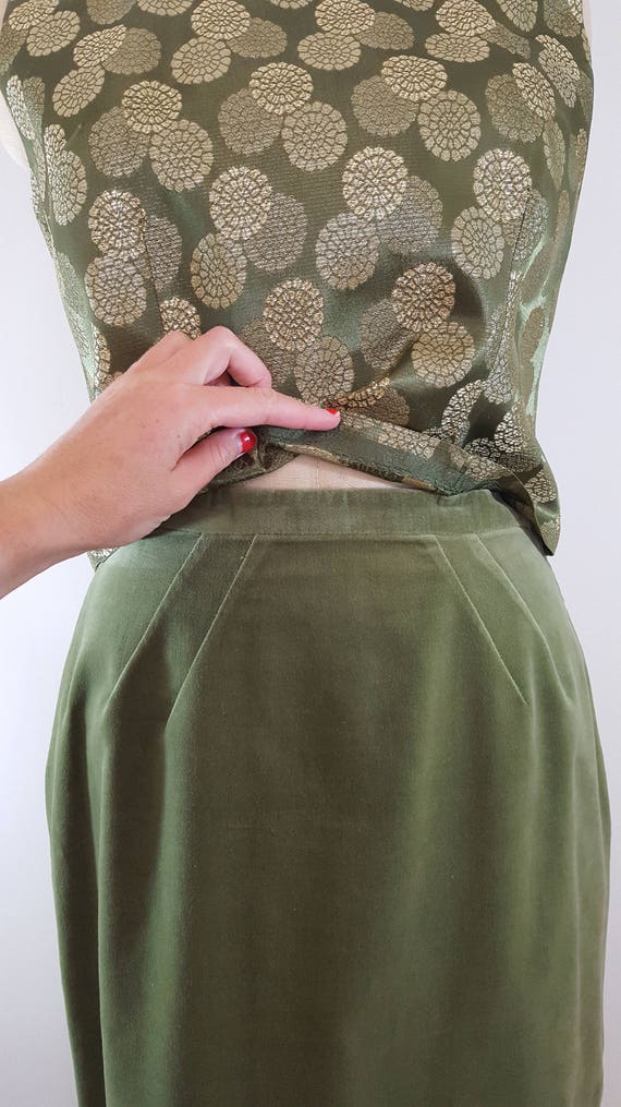 Vintage 1960s Skirt and Blouse Set / Olive Velvet… - image 2