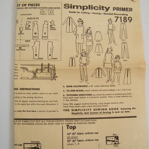 May include: A vintage Simplicity sewing pattern guide for dressmaking. The pattern number is 7189. The guide includes instructions for cutting, sewing, and detailed dressmaking. The pattern includes a jumper or top, a skirt, pants, and a back facing.