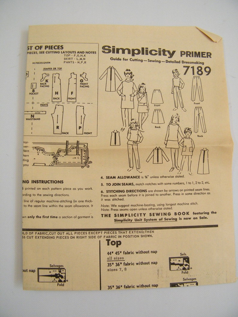 May include: A vintage Simplicity sewing pattern guide for dressmaking. The pattern number is 7189. The guide includes instructions for cutting, sewing, and detailed dressmaking. The pattern includes a jumper or top, a skirt, pants, and a back facing.