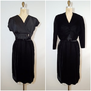 Vintage 1950s Black Velvet and Satin Dress and Jacket / Formal Dress / Medium