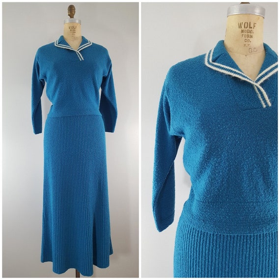 Vintage 1950s Knit Wool Skirt and Sweater Set / Sw