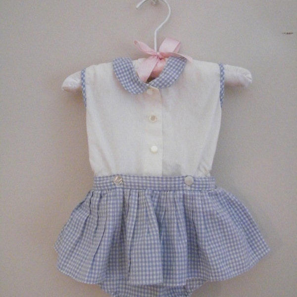 Vintage 1950s 2 Piece Baby Outfit / Skirted Diaper Cover and Sleeveless Shirt / Blue and White Gingham