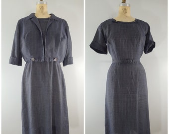 Vintage 1950s Dress and Jacket / Blue and Gray Plaid / Fitted Dress / Large