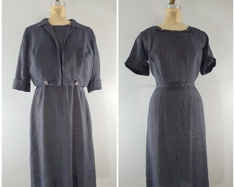 Vintage 1950er Jahre Kleid und Jacke / blau und grau kariert / angepasst Kleid / groß