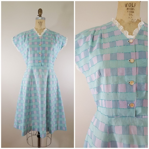 Vintage 1950s Dress / Pastel Plaid Day Dress / Med