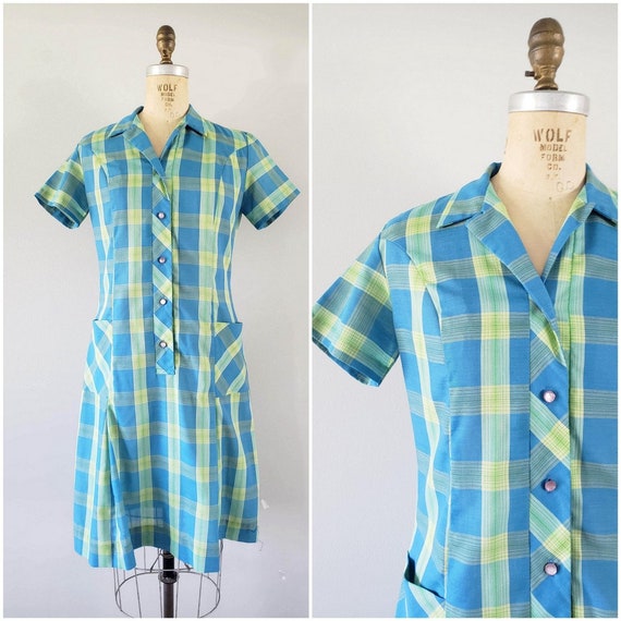 Vintage 1960s Dress / Blue and Yellow Plaid Dress / Medium | Etsy
