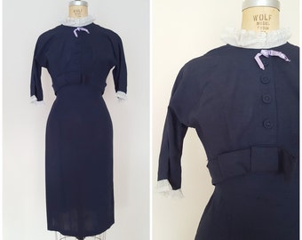 Vintage 1960s Dress / Navy Blue Wiggle Dress / High Neck / XS