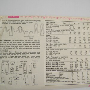 May include: A sewing pattern for a girl's wardrobe, including a dress, blouse, jumper, top, skirt, and pants. The pattern includes instructions and measurements for sizes 7-14. The pattern is printed on white paper with black text and illustrations.