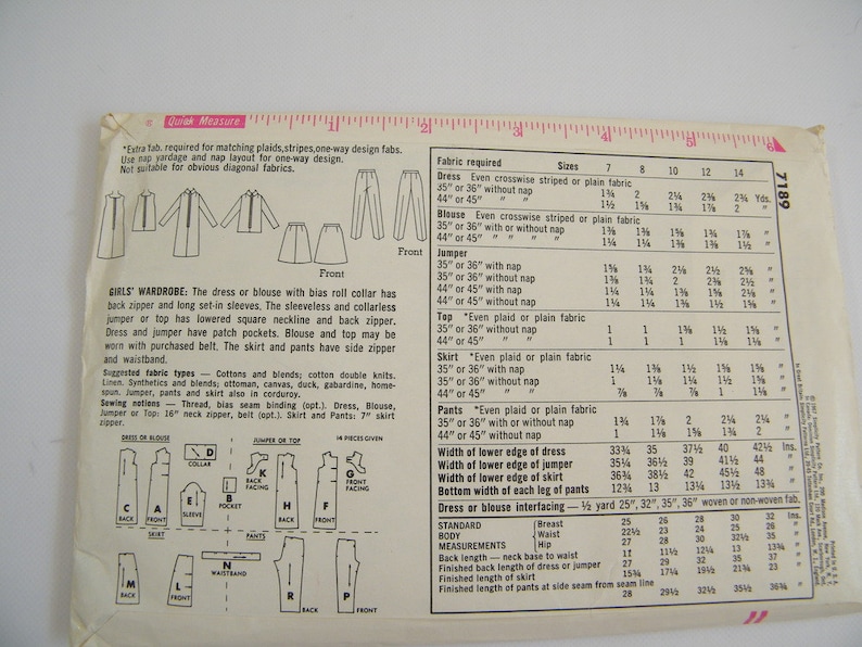 May include: A sewing pattern for a girl's wardrobe, including a dress, blouse, jumper, top, skirt, and pants. The pattern includes instructions and measurements for sizes 7-14. The pattern is printed on white paper with black text and illustrations.
