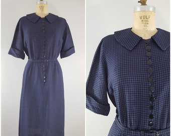 Vintage 1960s Nelly Don Dress / Blue and Black Houndstooth / Medium