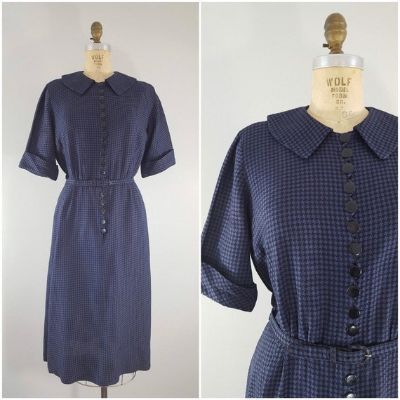 Vintage 1960s Nelly Don Dress / Blue and Black Ho… - image 1