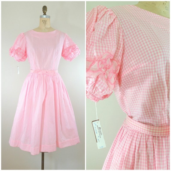 Vintage 1950s Dress / Pink Gingham Dress / Party D