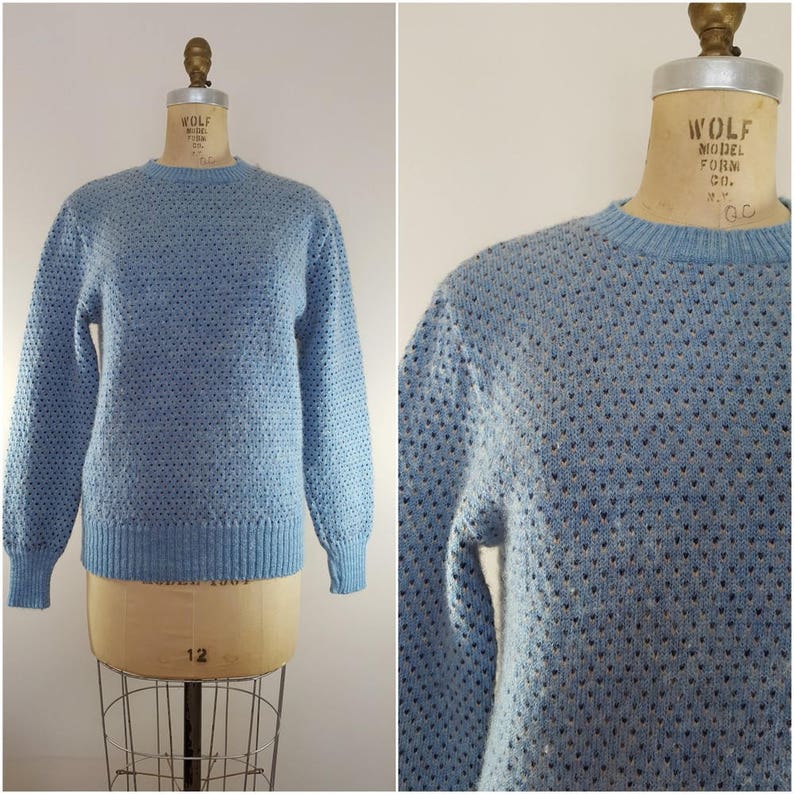 Vintage 1970s Sweater / Blue Hearts / Wool Ski Sweater / Medium image 1