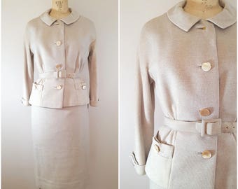 Vintage 1950s Jack Sarnoff Skirt Suit / Cream Oatmeal Wool Suit / Winter Suit / Small