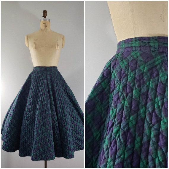 Vintage 1950s Skirt / Black Watch Plaid / Full Pla