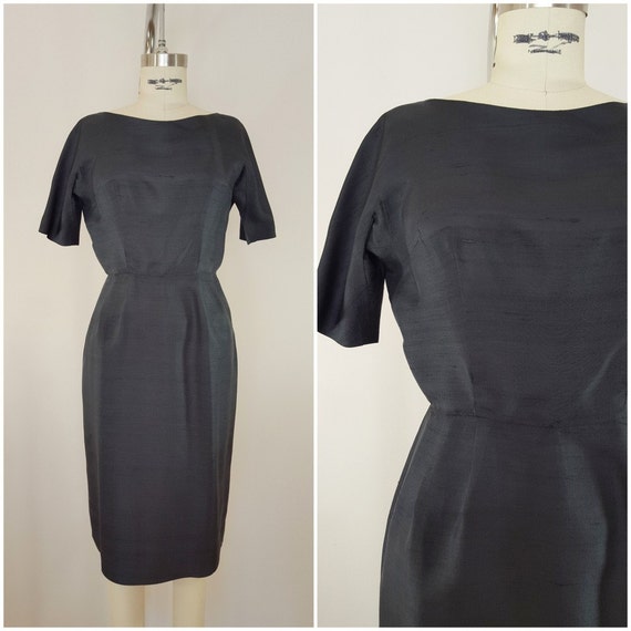 Vintage 1960s Black Dress / Linen / Wiggle Dress … - image 1