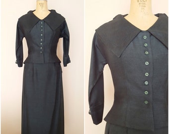 1940s Green Silk Skirt Suit / Dark Green Silk Suit / Vintage 1940s Skirt Suit / Small