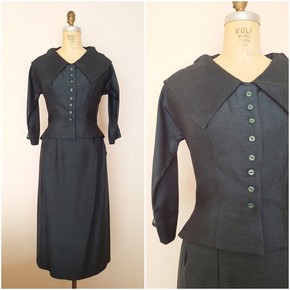 1940s Green Silk Skirt Suit / Dark Green Silk Suit