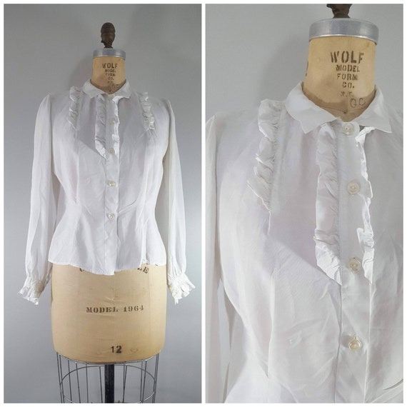 Vintage 1940s Blouse / White Rayon Ruffle Blouse /