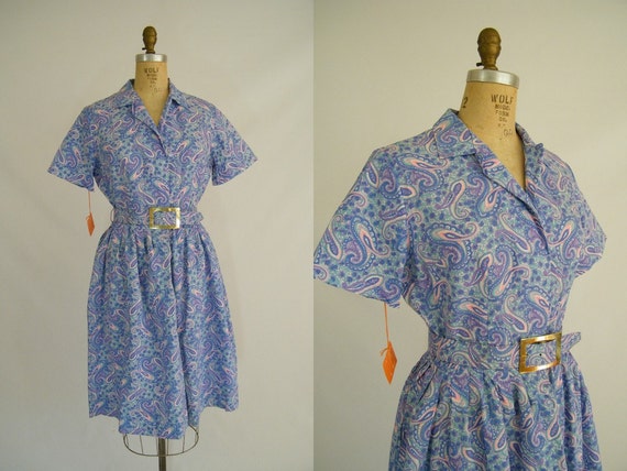 Vintage 1950s Cotton Dress / Purple Paisley / Tags