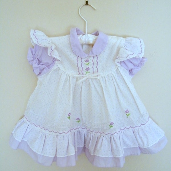 Vintage Baby Apron Dress / Purple with Ruffles / 12 Months