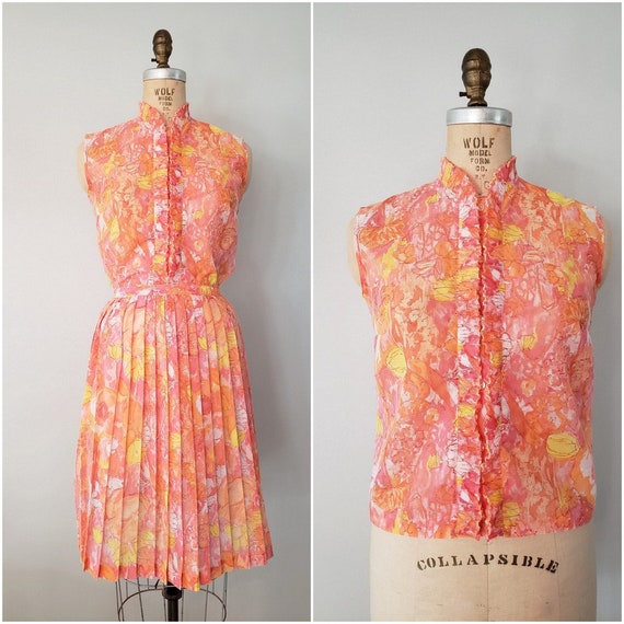 Vintage 1960s Skirt and Top Set / Orange Floral P… - image 1