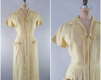 Vintage 1950s Pat Premo Dress / Yellow Linen / Small