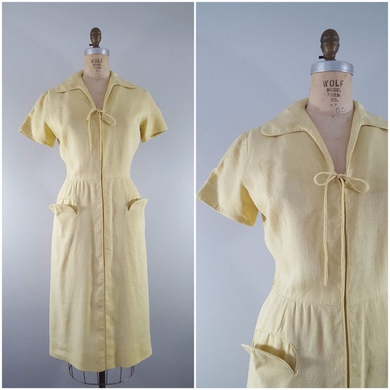 Vintage 1950s Pat Premo Dress / Yellow Linen / Sma