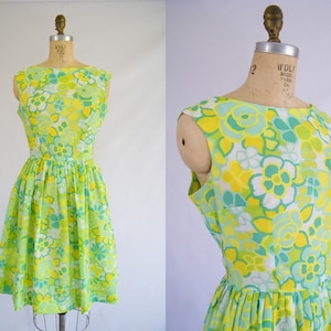 Vintage 1950s Dress / Garden Party Dress / Green, Yellow, White Floral