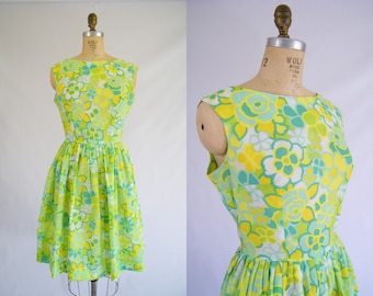 Vintage 1950s Dress / Garden Party Dress / Green, Yellow, White Floral