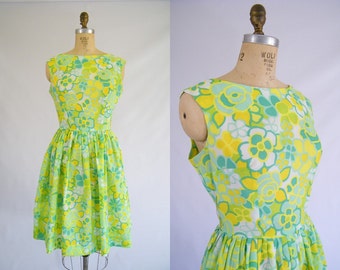 Vintage 1950s Dress / Garden Party Dress / Green, Yellow, White Floral