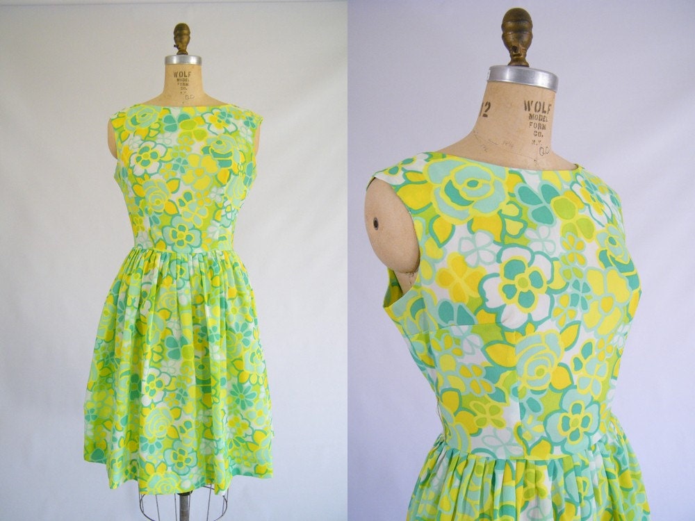 Vintage 1950s Dress / Garden Party Dress / Green Yellow | Etsy